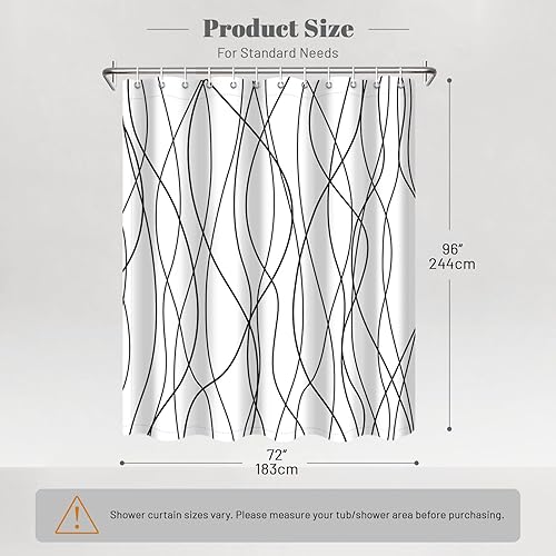 Miniatura 6 de Punkray - Cortina de ducha negra con rayas blancas onduladas, incluye 12 ganchos, cortinas de ducha extralargas de 96 pulgadas con dobladillo con