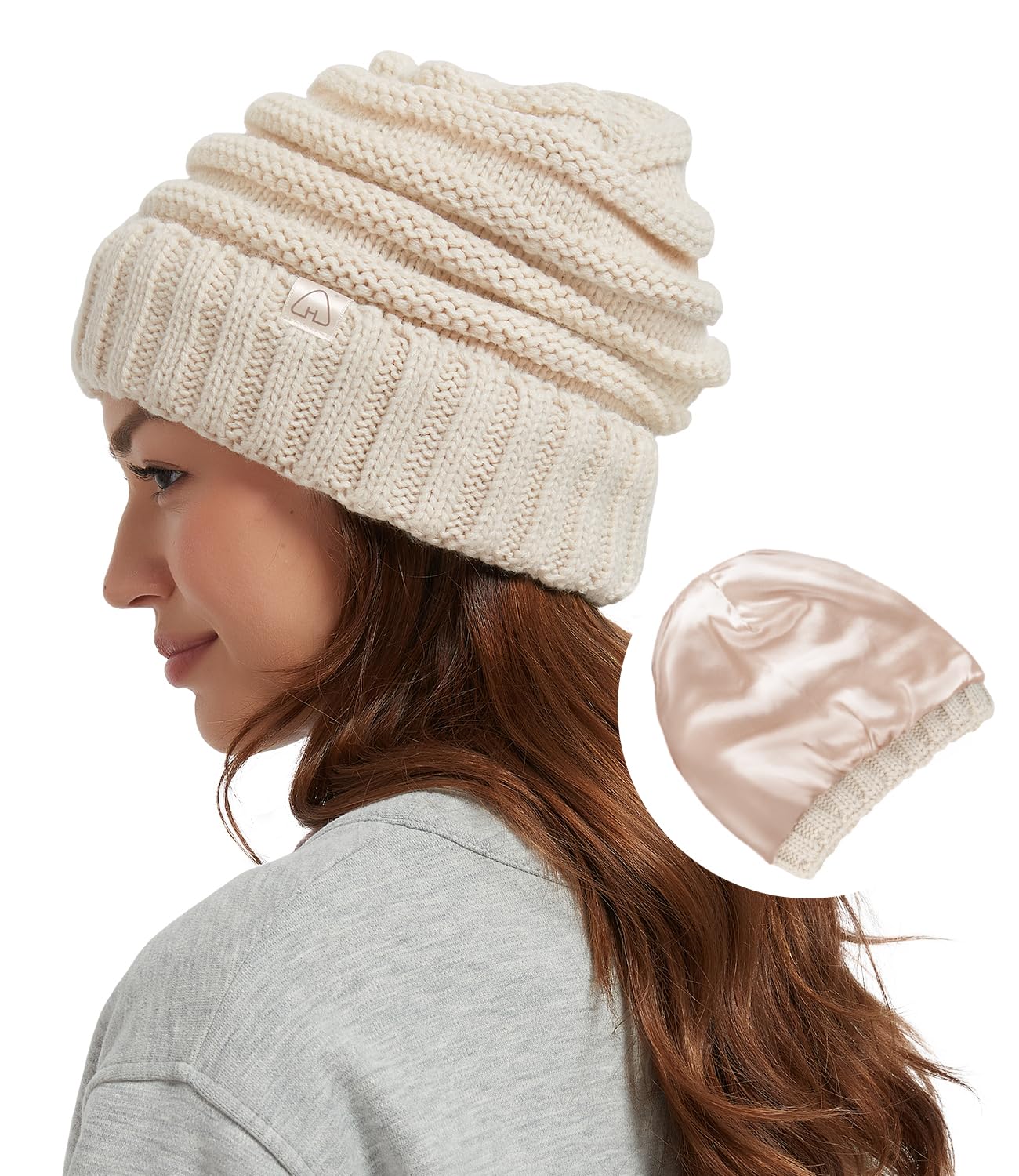 Women's Cable Knit Winter Beanie With Satin Lining - Chunky Thick Warm Hat, White, One Size