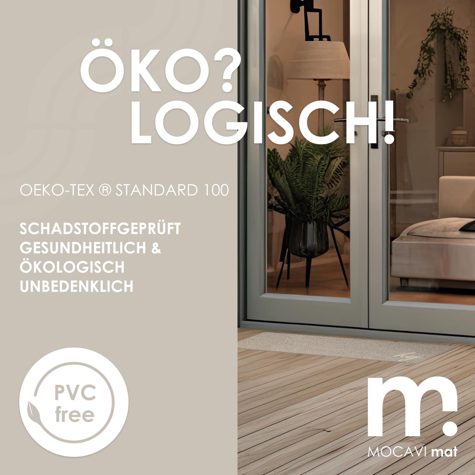 MOCAVI Mat Fußmatte Schuhparkplatz 30x100 cm waschbar beige Hej Scandi Schuh-Teppich lang, schmal, Schuhe ausziehen, Deko Eingangsbereich innen, außen, Matte, Haustür, Stiefelmatte
