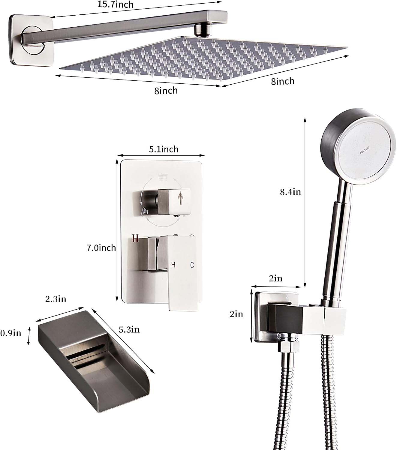 Brushed Nickel Shower Tub Faucet Set, Wall Mounted 10 Inch image 2