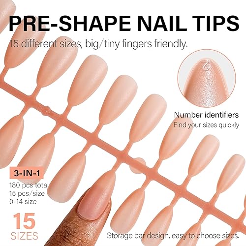 Miniatura 7 de AILLSA Jelly - Uñas postizas a presión de almendra mediana, 180 piezas de uñas postizas de gel suave, ajuste natural, uñas francesas precoloreadas,