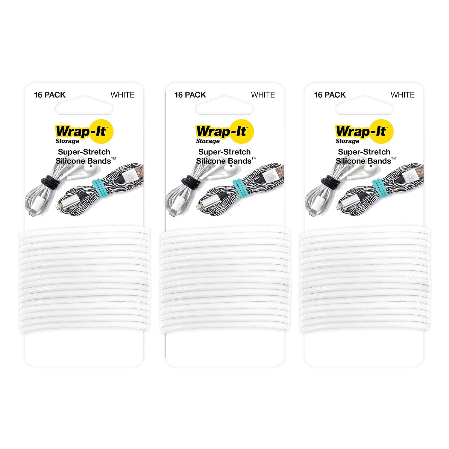 Wrap-It Storage Super-Stretch Silicone Bands – White (48 Pack) – Great for Cord Wraps and Organizers, Hair Ties, Rubber Band Alternative