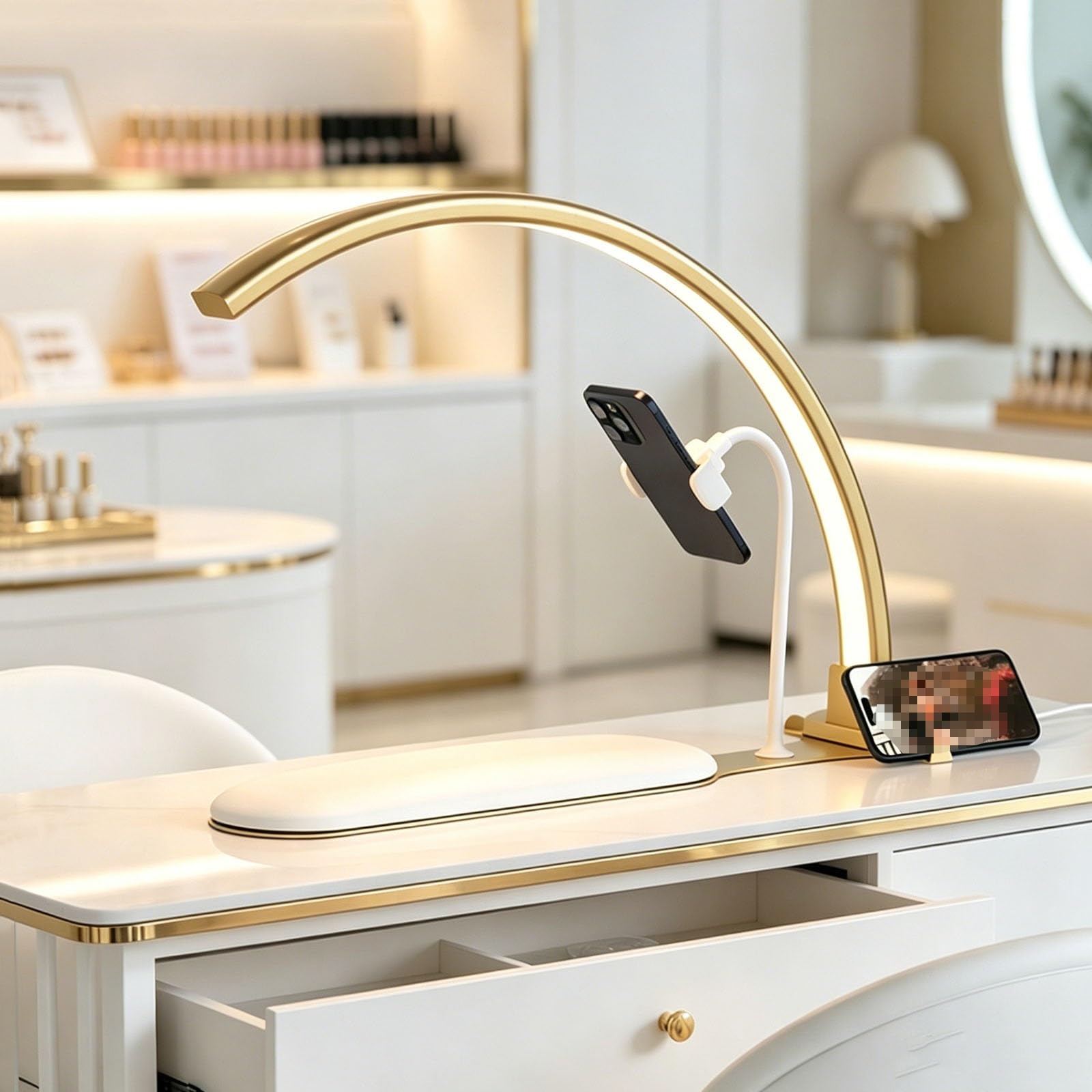 DAJIAYIQI Half Moon Light for Nail Desk: 23" Half Moon Nail Tech Light with Dual Phone Holder, 3 Color Modes & Stepless Dimming for Lash Eyelash Extension, Tattoo, Eyebrows(Gold)