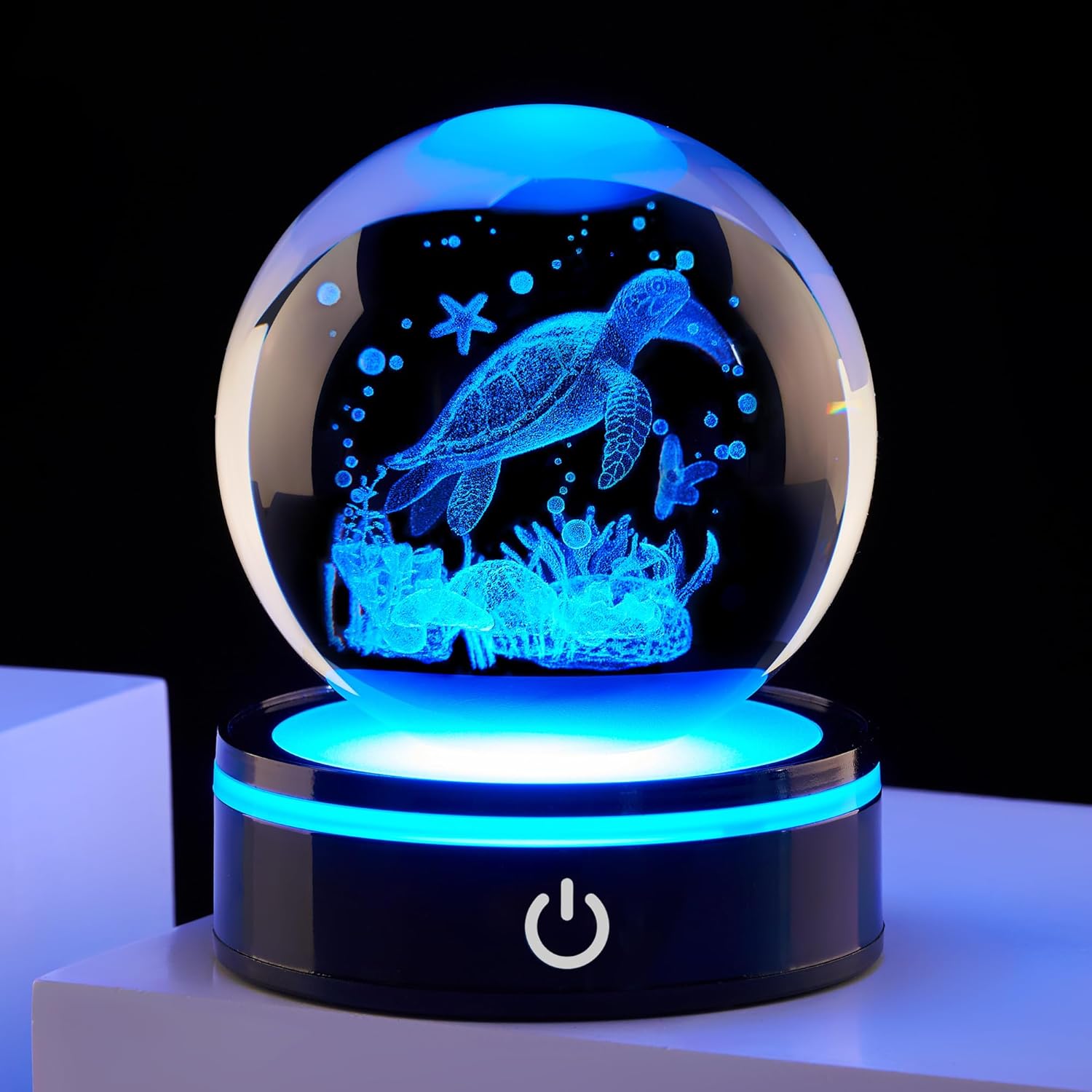 3D Sea Turtle Crystal Ball Figurine with LED Base Laser Ocean Figurines Lover​​ Gifts for Women Men on Christmas Birthday Decorative Ball Sea Turtle Glass Globe Night Light for Room Decorations Crafts
