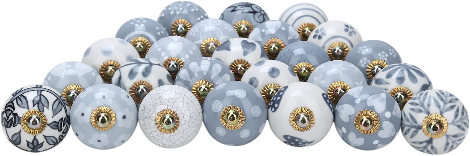 RAJRANG BRINGING RAJASTHAN TO YOU Ceramic Cabinet Knobs and Pulls Pack of 25 Grey White Antique Hand Painted Boho Design Dresser Drawer Furniture Decorative Kitchen Handles