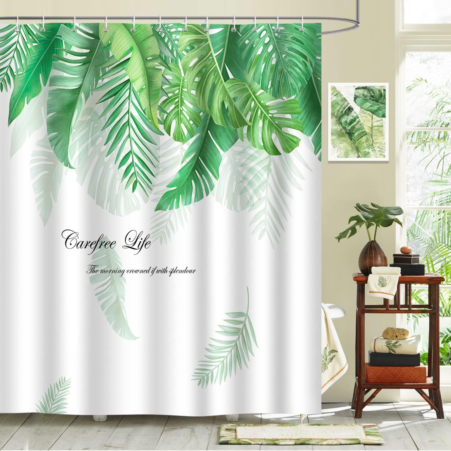 Bonhause Tropical Leaves Shower Curtain 180 x 180 cm Green Palm Leaves