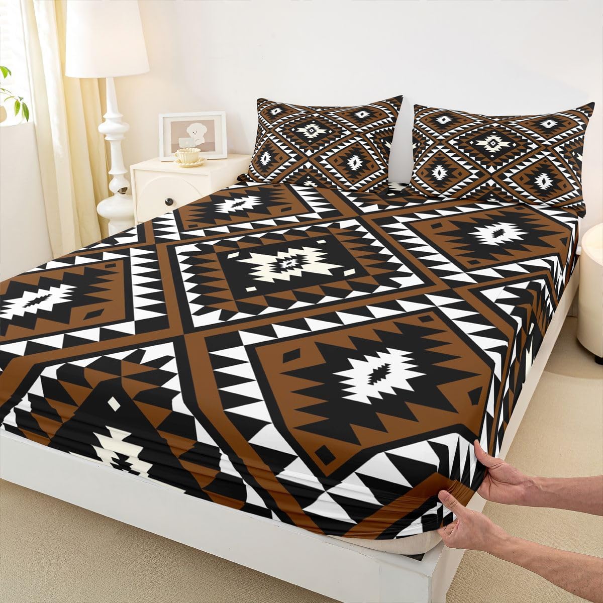 Rustic Western Queen Bed Sheets For Men,Southwestern Aztec Sheet Set Bohemian Bedding Set Ethnic Mexican Style Geometric Diamond Farmhouse Fitted Sheet Brown Black White Flat Sheet 2 Pillow Cases