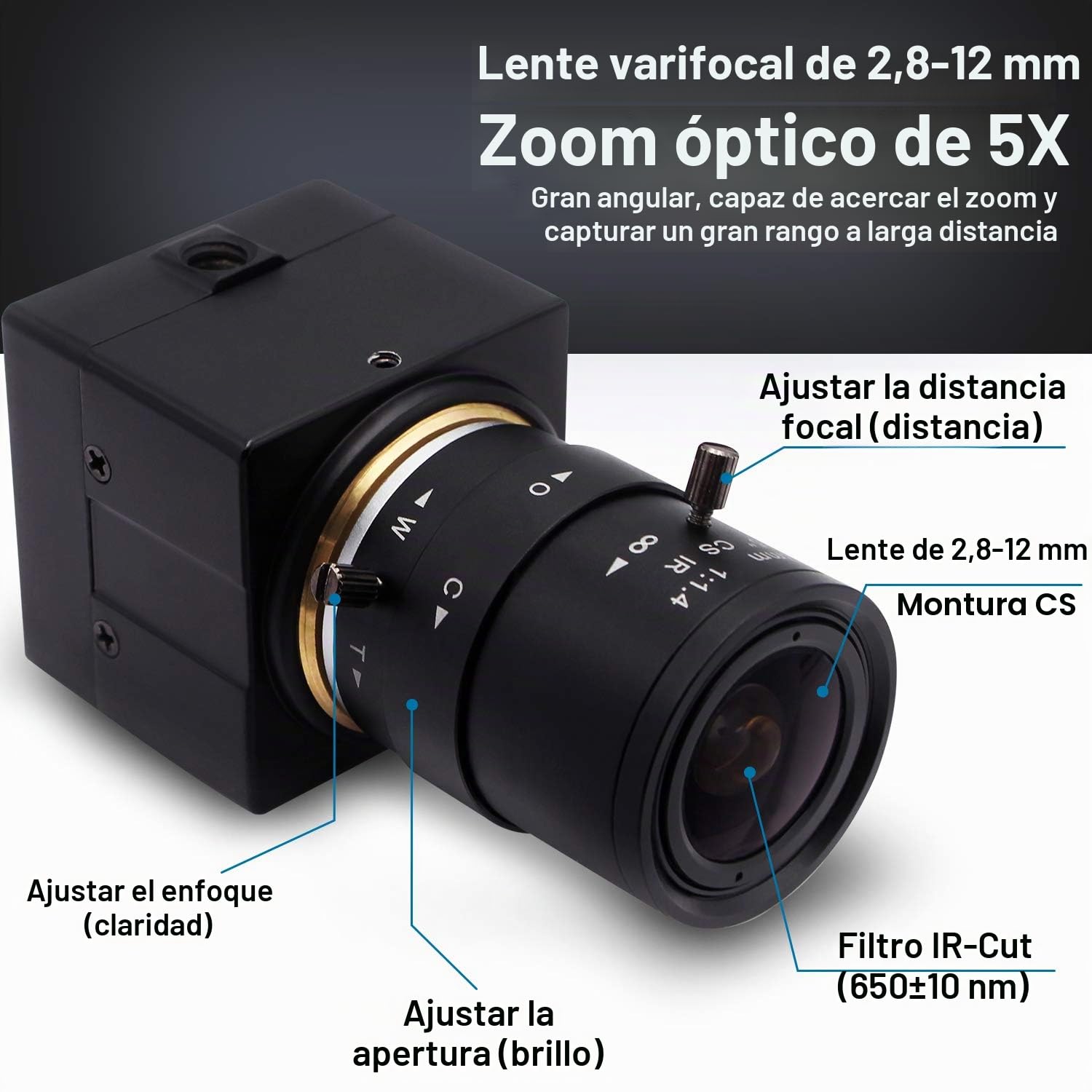 Svpro Webcam 4K USB Ultra HD con objetivo zoom 2.8-12 mm, enfoque manual, 3840 x 2160 30 fps, sensor IMX415, UVC Plug & Play para Mac/Windows/Linux/Android