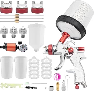 HVLP Gravity Feed Spray Gun, Automotive Air Paint Spray Gun Kit with 1.4, 1.7, 2.0mm Nozzles, 10 Disposable Paint Cup 600cc and Lids, Air Compressor Regulator, for Auto Paint and Touch Up