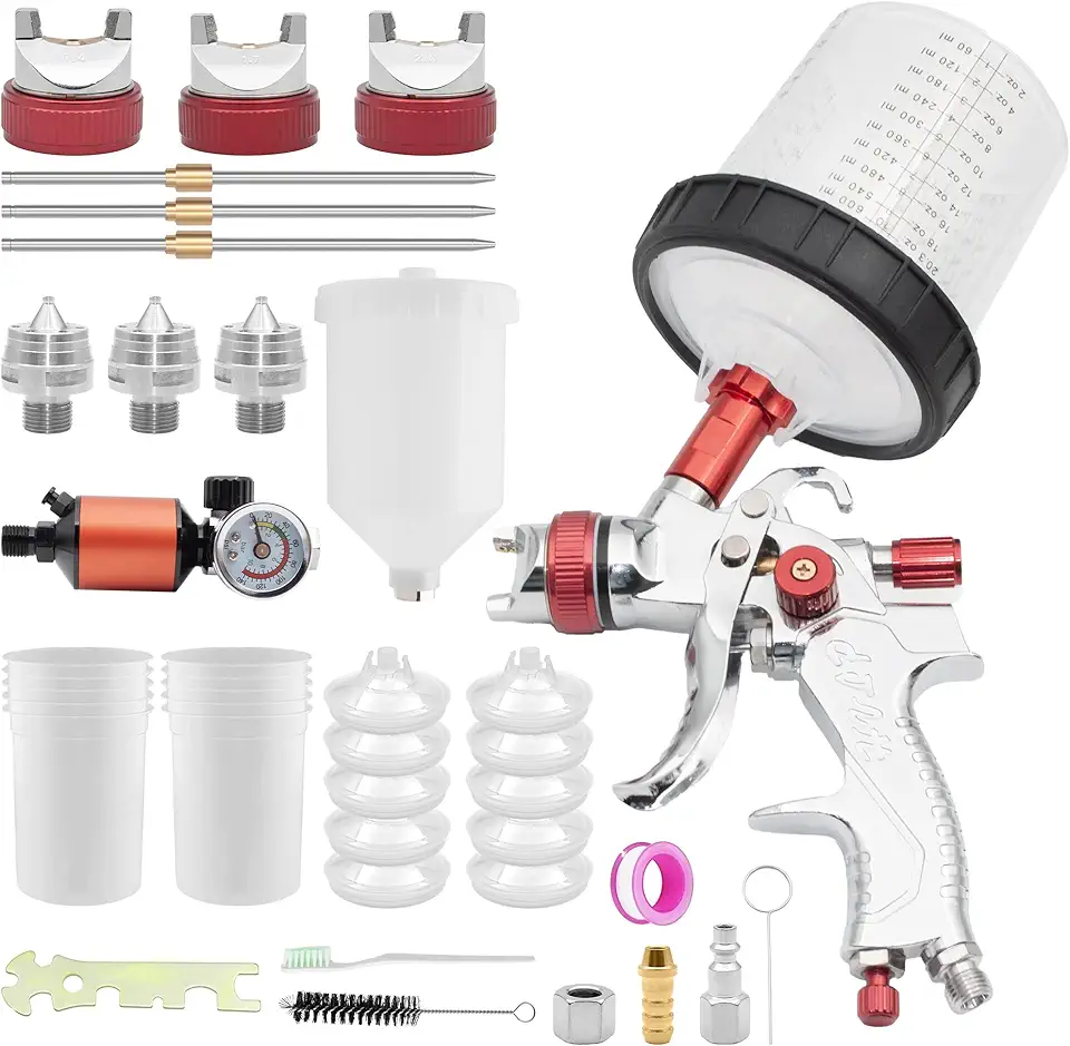 pistola de pulverização de alimentação por gravidade hvlp, kit de pistola de pintura automotiva com bicos de 1,4, 1,7, 2,0 mm, 10 copos de tinta descartáveis ​​de 600 cc e tampas, regulador d