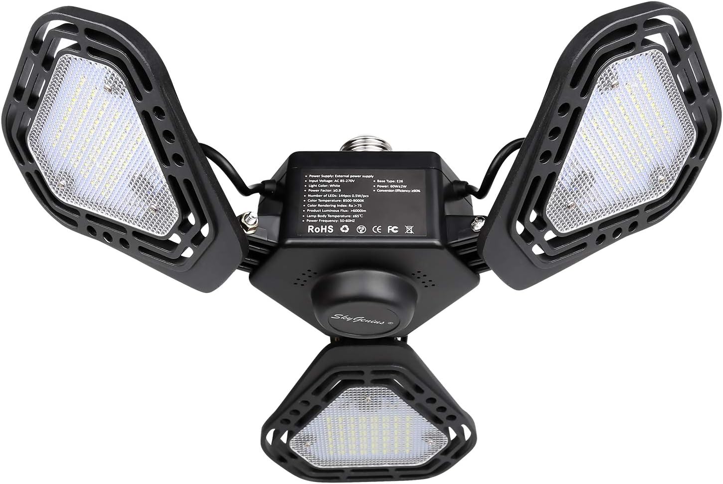 BRIGENIUS LED Garage Light, 60W LED Garage Lighting, 6000LM 6500K LED Three-Leaf Garage Ceiling Light, Deformable E26/E27 Garage Lights for Garage, Workshop