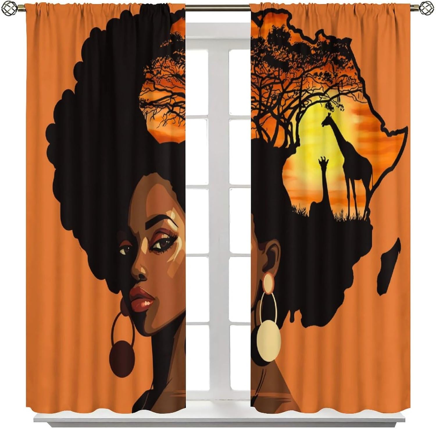 African Silhouette Curtain Black Girl Afro Woman Abstract Sunset Landscape Rod Pocket Blackout Window Treatments for Girls Bedroom Living Room Decor 42" W X 54" L