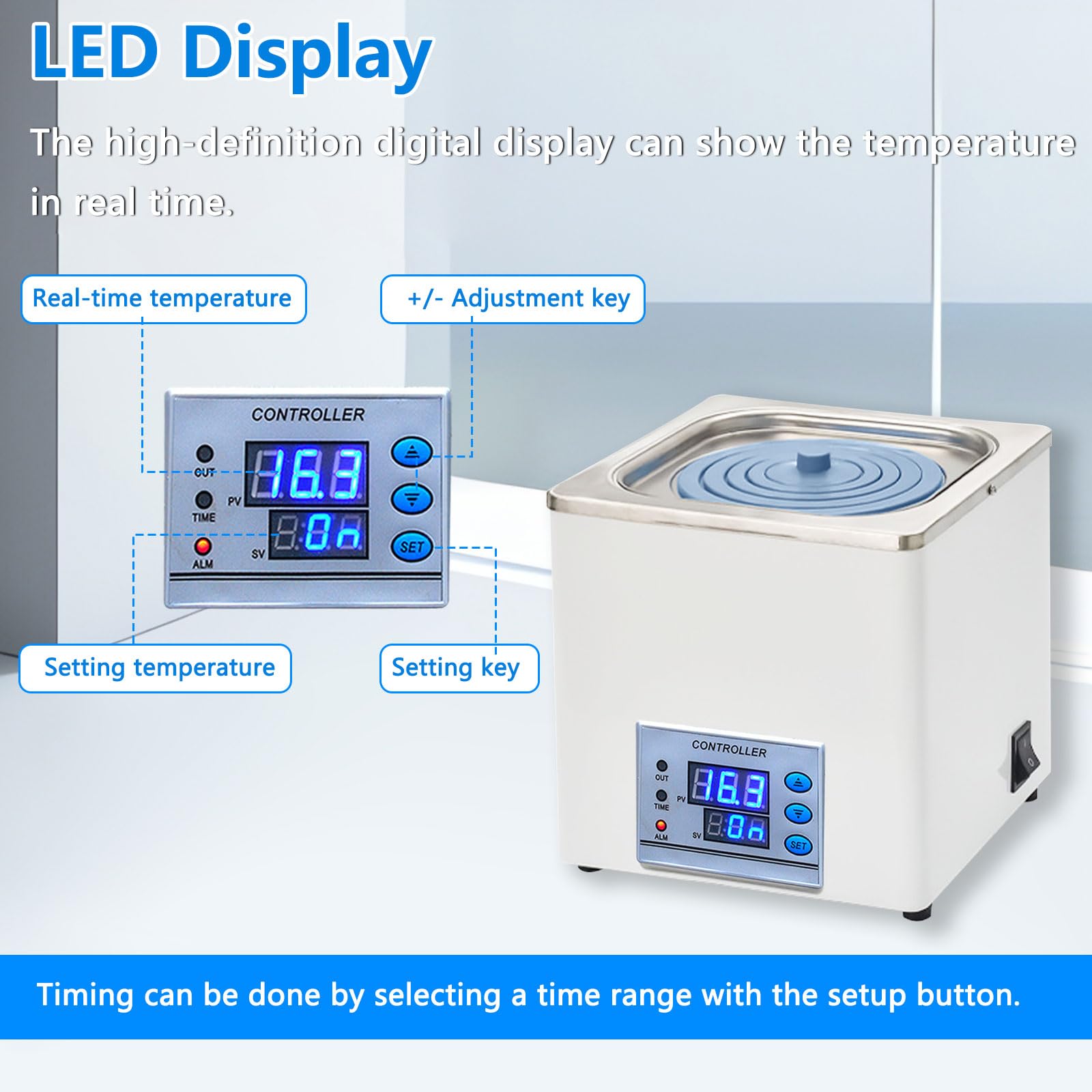Digitales Labor Wasserbad, 300W Wasserbad Topf mit Timerfunktion & Wasserlos-Schutz, Edelstahl-Innenbehälter, Labor Wasserbaderhitzer