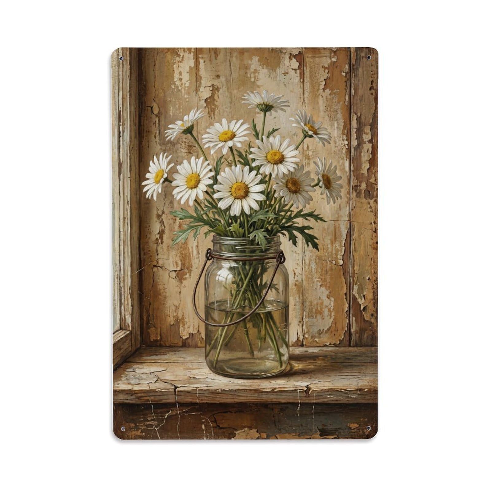 Fqnyr Style Daisies Jar Windowsill Farmhouse Metal Tin Sign Plaque Wall Decor For Cafe, Club Bar, Office, Home Garden Metal Poster 8X12inch