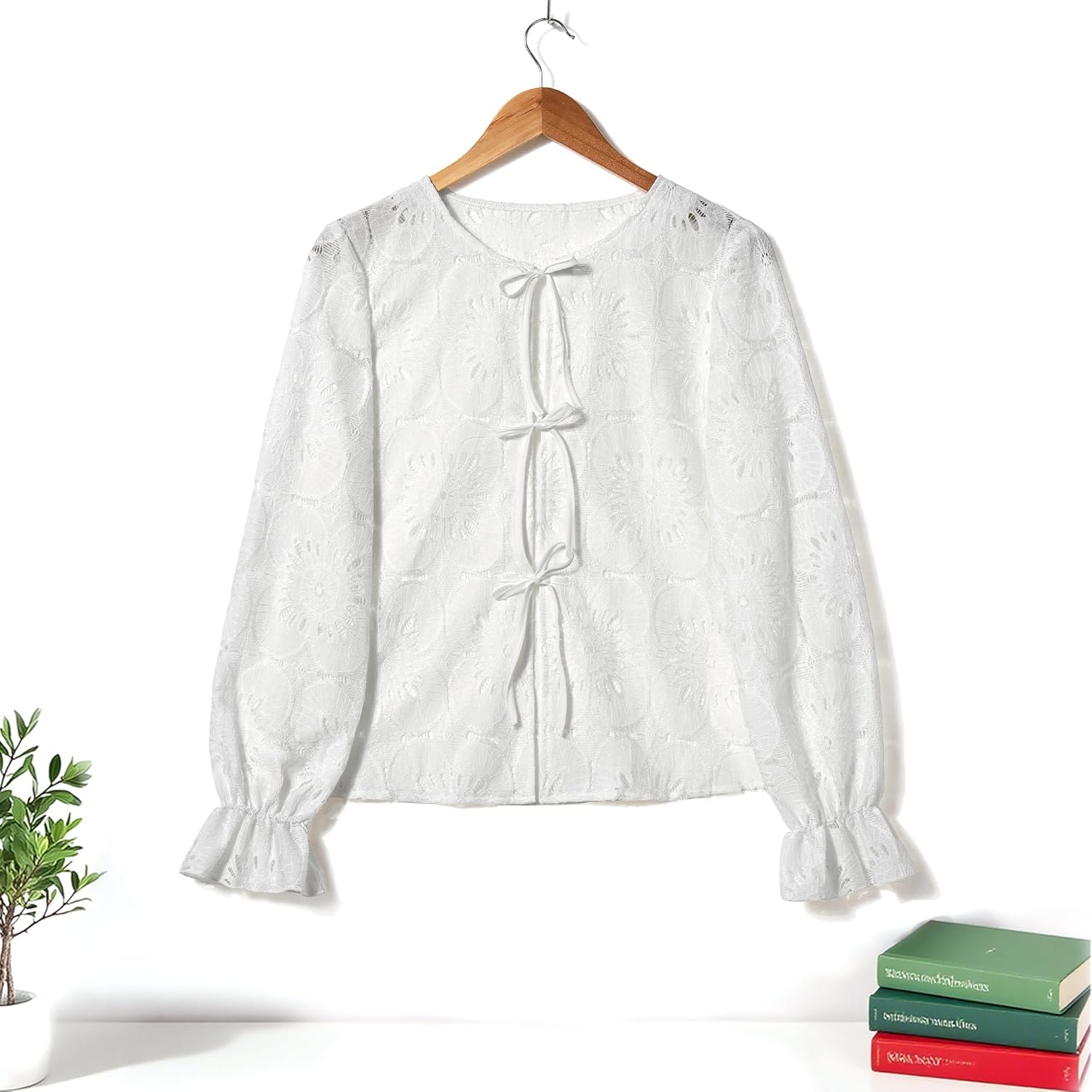 Womens Tie Front Eyelet Blouses Long Sleeve Bow Shirts Hollow Out Crochet Lace Tops 2026 Spring Dressy Outfits - Image 7