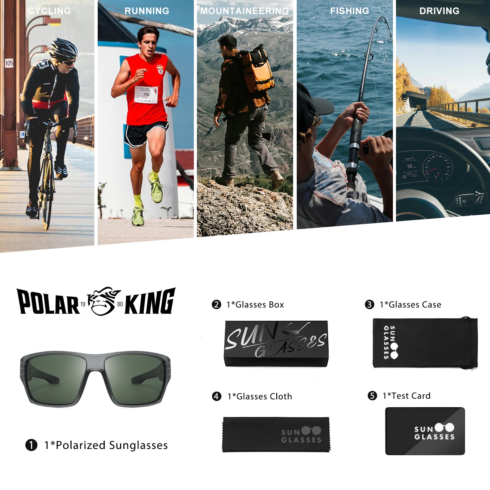 POLARKING Polarisierte Sport-Sonnenbrille für Herren und Damen, quadratischer Rahmen, Radfahren, Angeln, Wickel-Sonnenbrille, UV400-Schutz