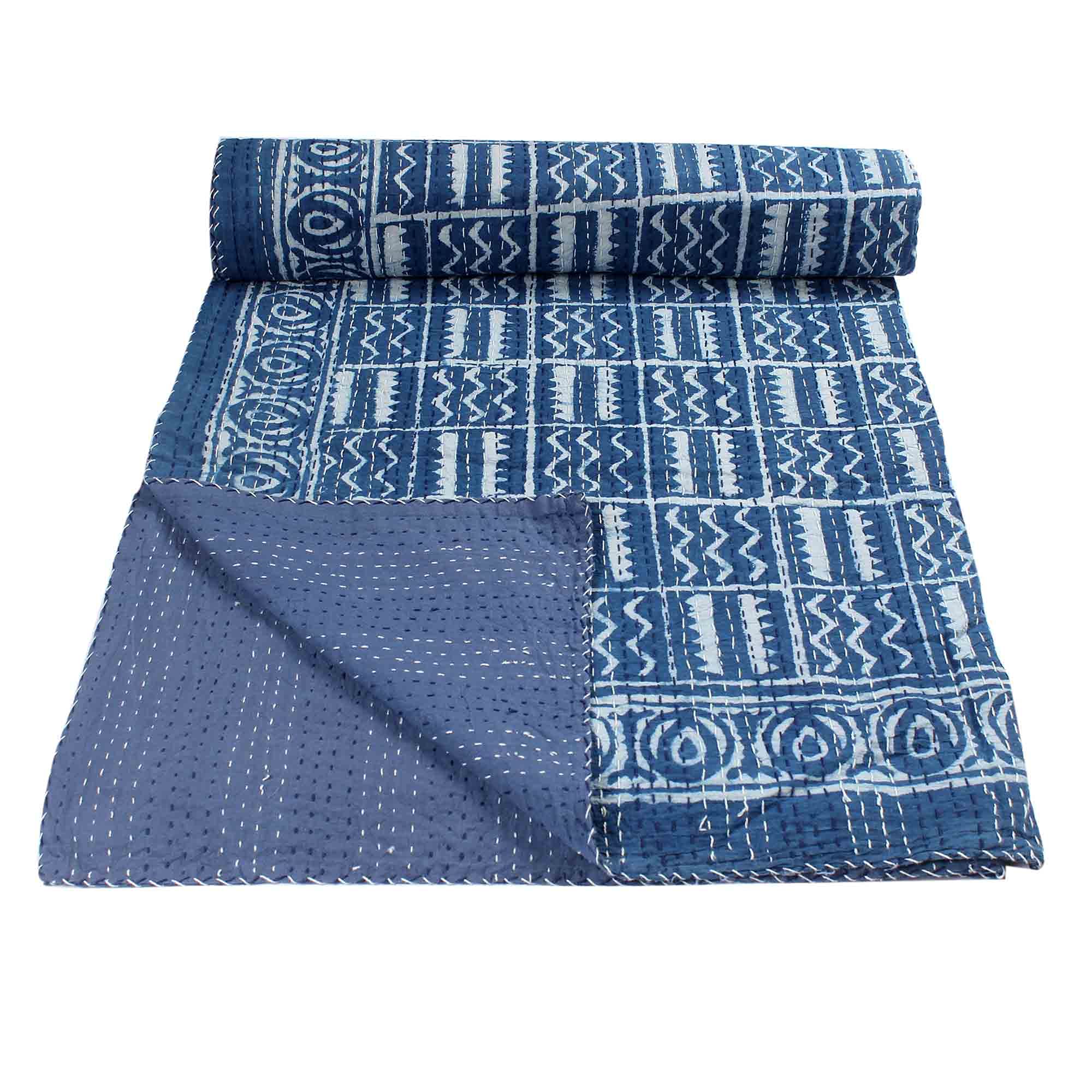 Couvre-lit en coton Kantha fait main boheme indigo motif zigzag Gudari