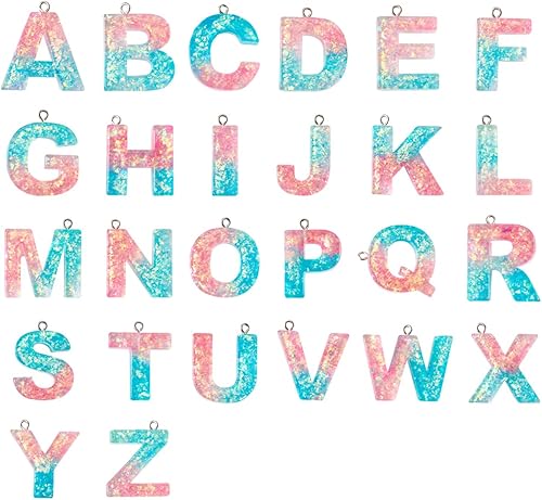 26 colgantes de resina del alfabeto, dijes de resina epoxi translúcida, letras de colores mezclados de la A a la Z, dijes planos de resina con