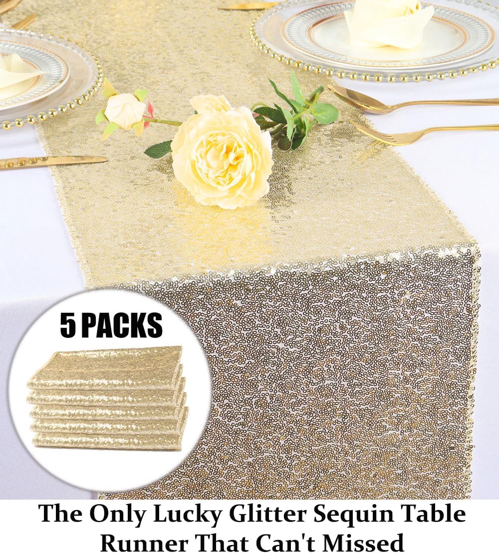 DUOBAO 5 Pack 12x120-Inch Champagne Gold Sequin Table Runners - Glitter Event Decor for Weddings, Parties, and Special Occasions