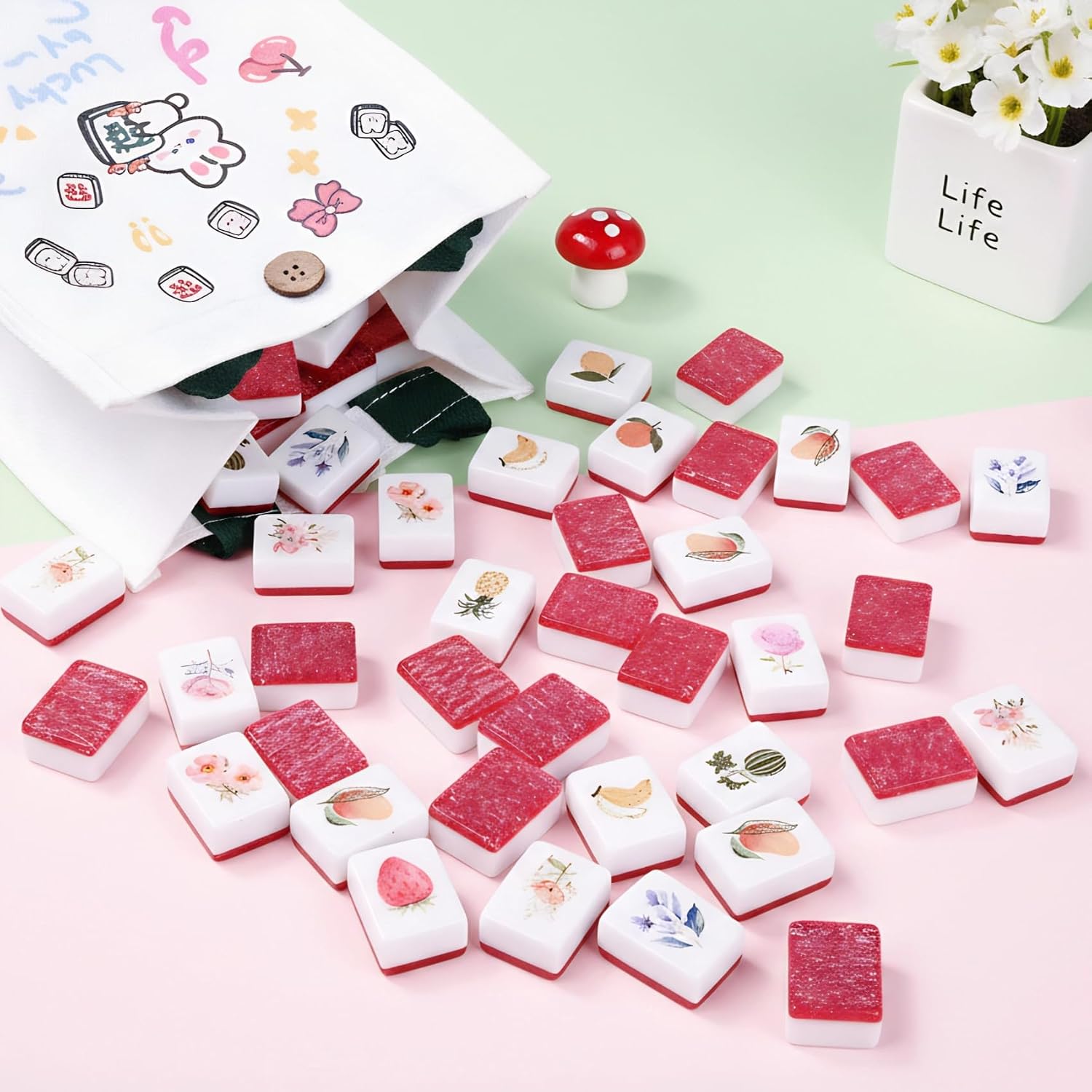 Mahjong Block Set, 65 pcs vita Mahjong Game Set with Handbag, Portable Travel Mahjong Set for Spring Picnic, Party Gift, Seaside Game & Beach Block Games(Flowers and Fruits Theme)
