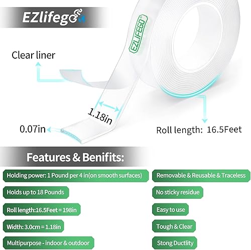 Miniatura 8 de EZlifego Cinta adhesiva de doble cara resistente, nano doble cara, cinta adhesiva transparente para colgar cuadros (9.85 pies)