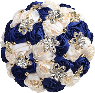 Bride Holding Flowers, Luxury Handmade Bridal Wedding Bouquet with Large Silk Roses Satin Ribbon Pearls Romantic Wedding Colorful Rose Bride s Bouquet Almond + Navy,7.48in