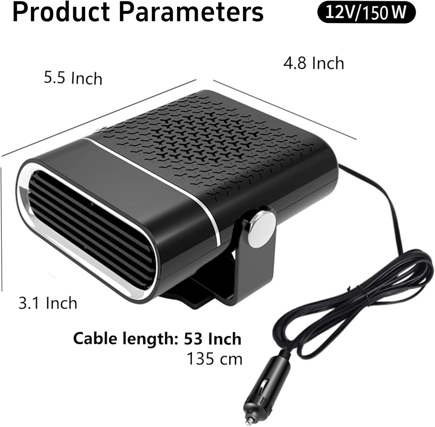 150w portable car heater, 12v fast heating vehicle heater with cigarette lighter plug, windshield defroster & demister for car, truck, suv - quick warm up interior & clear windows