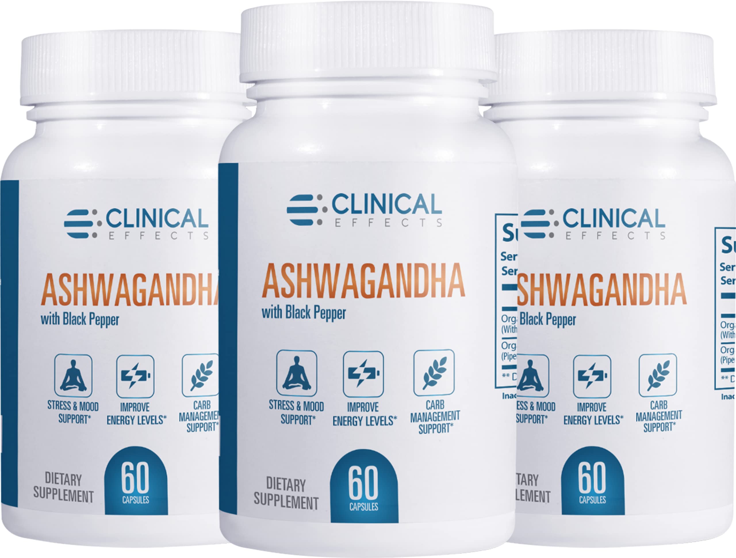 Clinical Effects Ashwagandha with Black Pepper for Stamina and Calm - 3 Pack, 180 Ashwagandha Capsules - Made in The USA