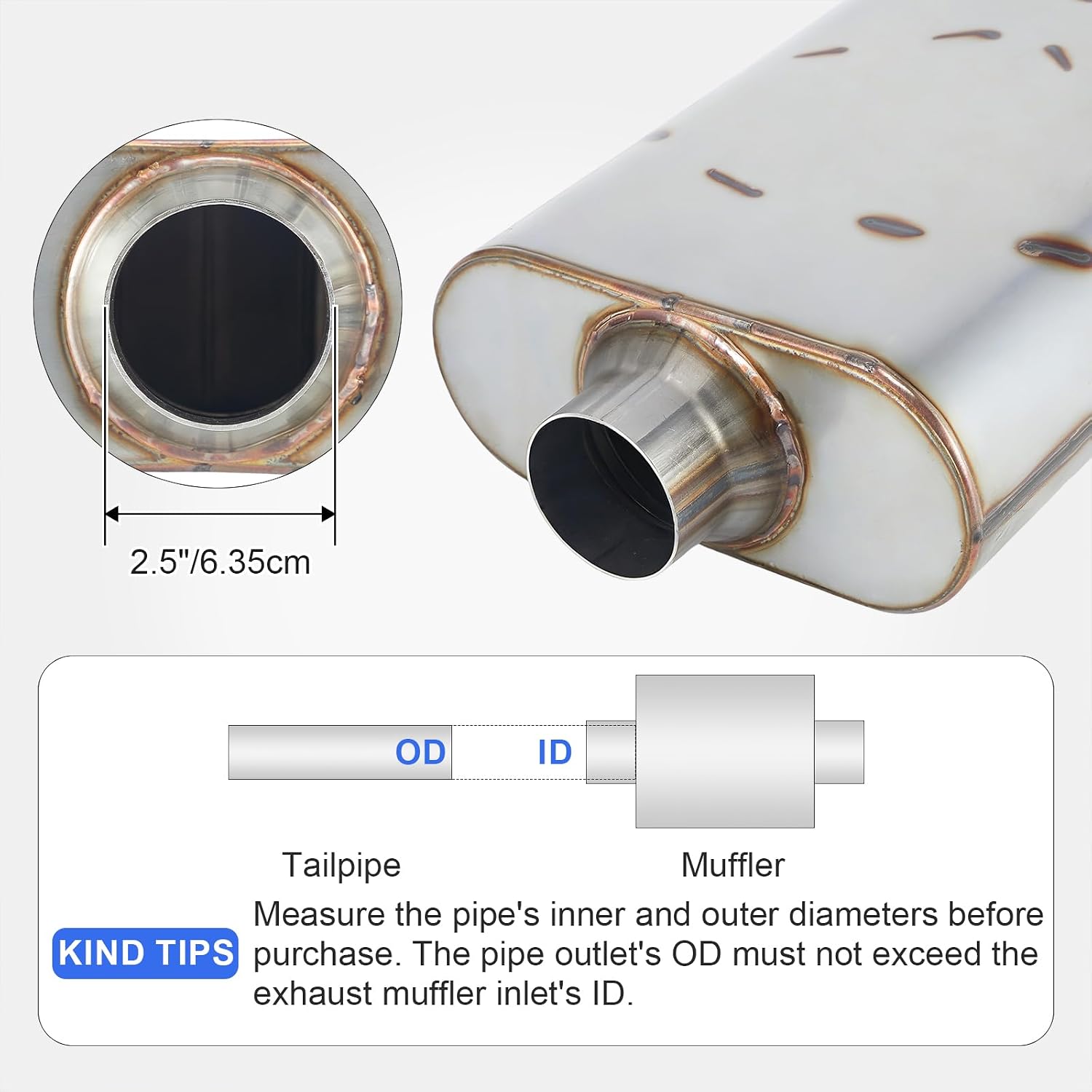 Universal Muffler 2.5" Inlet/Outlet 409 Stainless Steel Performance Muffler for Cars Trucks, Overall Length 17", Offset In | Center Out, Silver