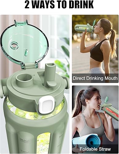 Miniatura 5 de URLOUS Botella de agua de vidrio grande con pajilla, botella de agua de 64 onzas con asa, funda de silicona gruesa, marcador de tiempo, popote