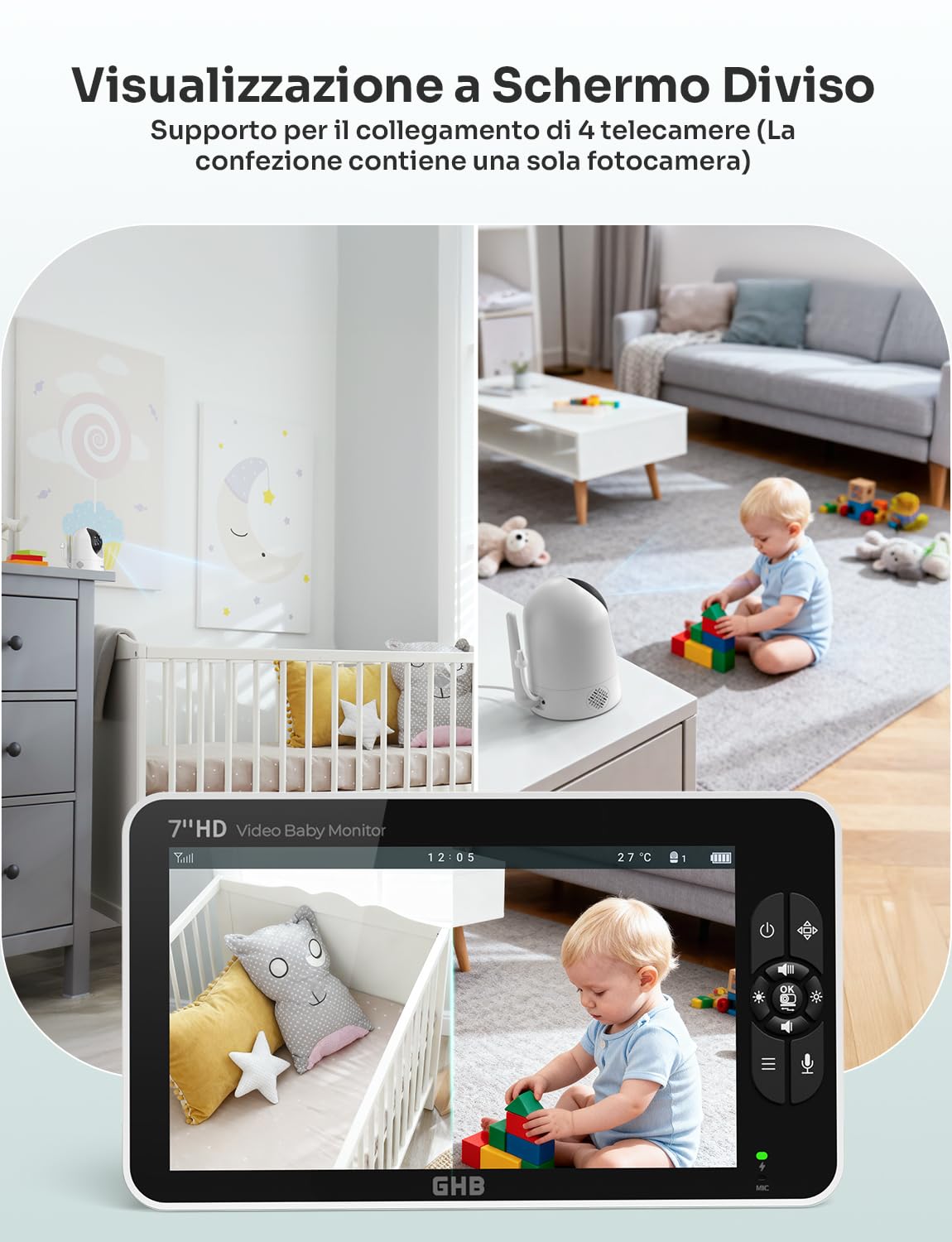 GHB Baby Monitor Video e Audio Schermo 7'', 168 Ore di Autonomia, 350°/90°, 1080P, 4000mAh, Modalità VOX, Visione Notturna, Rilevamento della Temperatura, Visualizzazione a Schermo Diviso