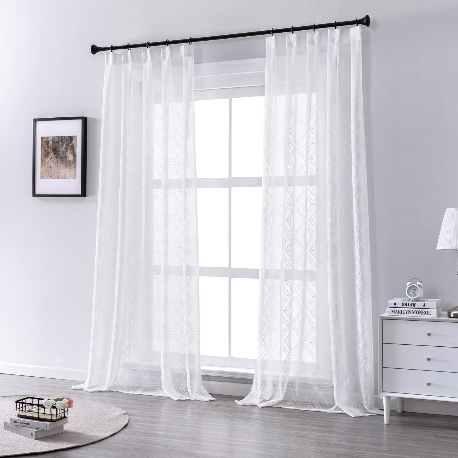 Voilage Rideaux Lot de 2 Blanc 107x160CM, Rideau Voile Crochet Chambre Hexagonal Geometrique Décorations d'intérieur de Fenêtre Rideaux Cuisine Balcon Baie Vitrée