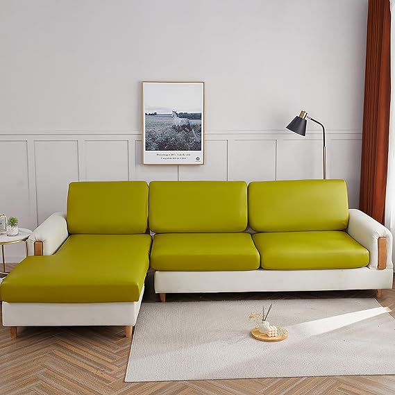 Waterproof Couch Cushion Covers for Sofa, PU Leather L-Shaped Seat Cushion Cover Individual Separate Sectional Sofa Slipcovers Form Fitted for Cat Dog-Green-Chaise seat
