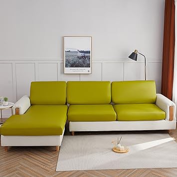 Waterproof Couch Cushion Covers for Sofa, PU Leather L-Shaped Seat Cushion Cover Individual Separate Sectional Sofa Slipcovers Form Fitted for Cat Dog-Green-Chaise seat