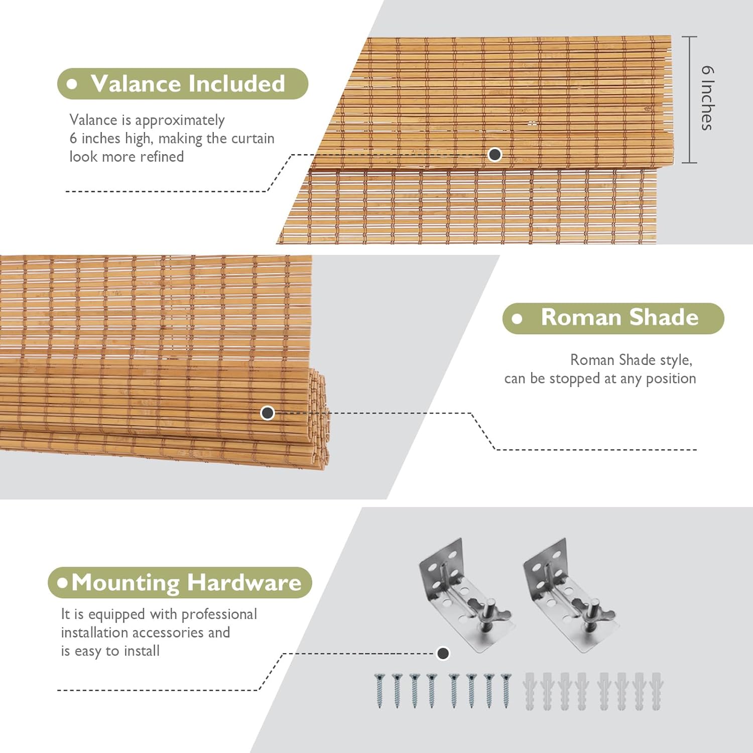 Artdix Roman Shades, Exclusive Cordless Natural Woven Wood Bamboo Roman Shades, Custom Blackout Bamboo Window Shades for Indoor Windows