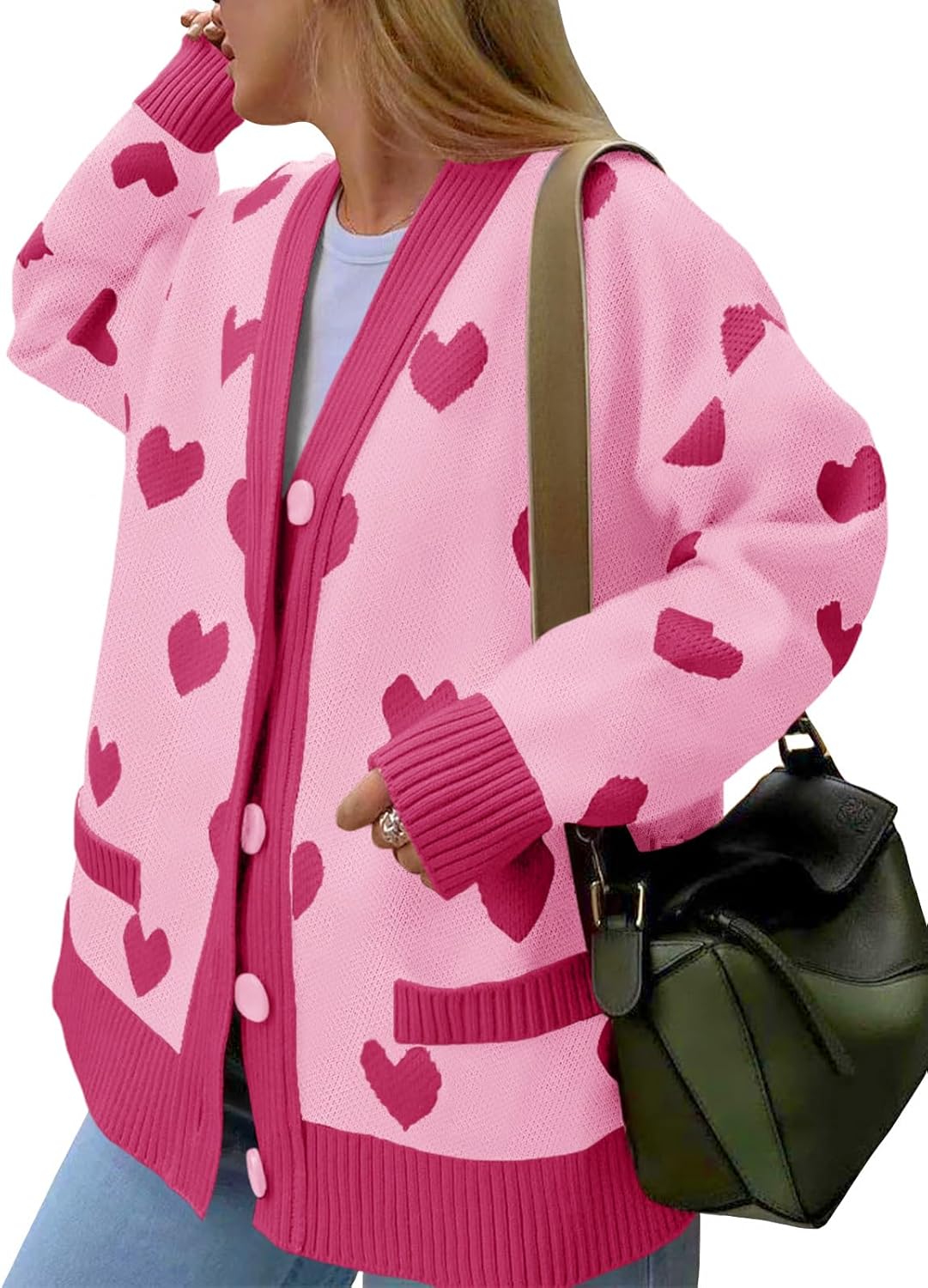 Saodimallsu Womens Oversized Heart Cardigan Color Block V Neck Button Long Sleeve Chunky Valentines Sweaters