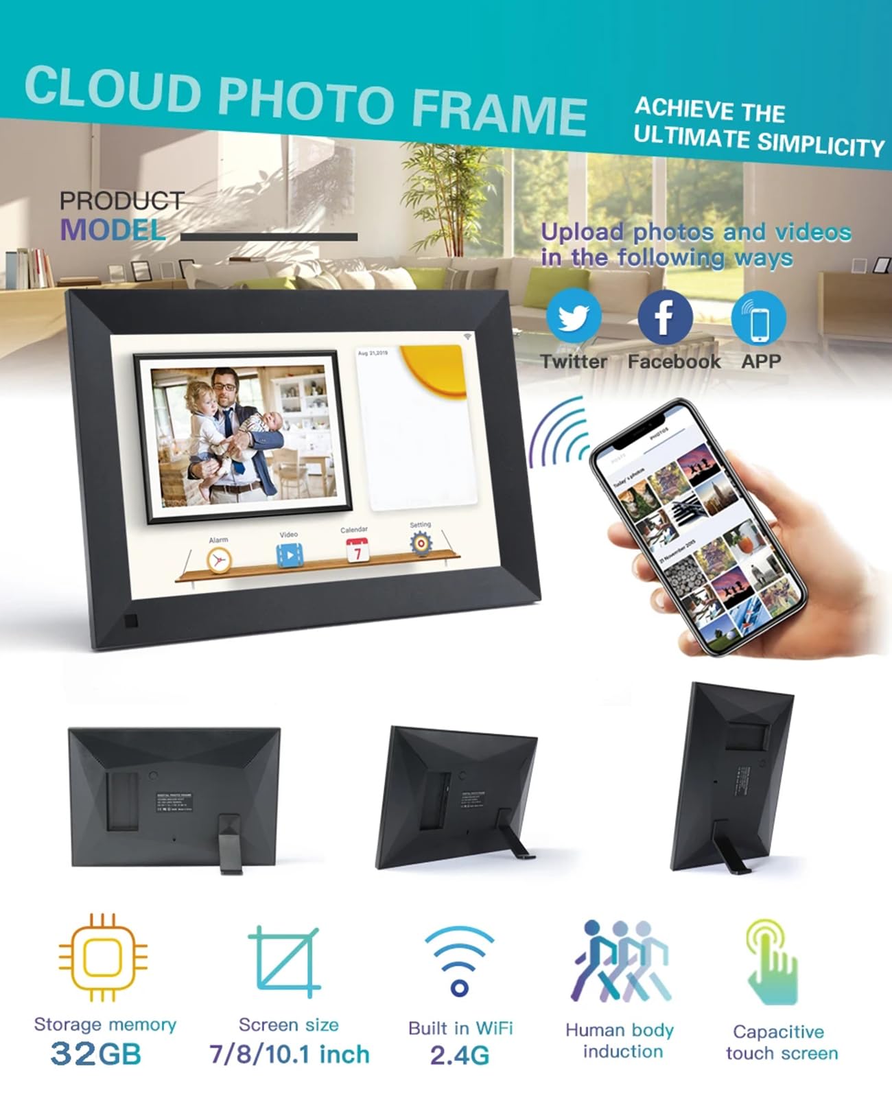 10,1 cala cyfrowa ramka zdjęć Wi -Fi wbudowana w pamięć 32 GB, z 1280 * 800 IPS ekran dotykowy i czujnik ruchu, udostępnij zdjęcia lub filmy za pośrednictwem aplikacji, czarny