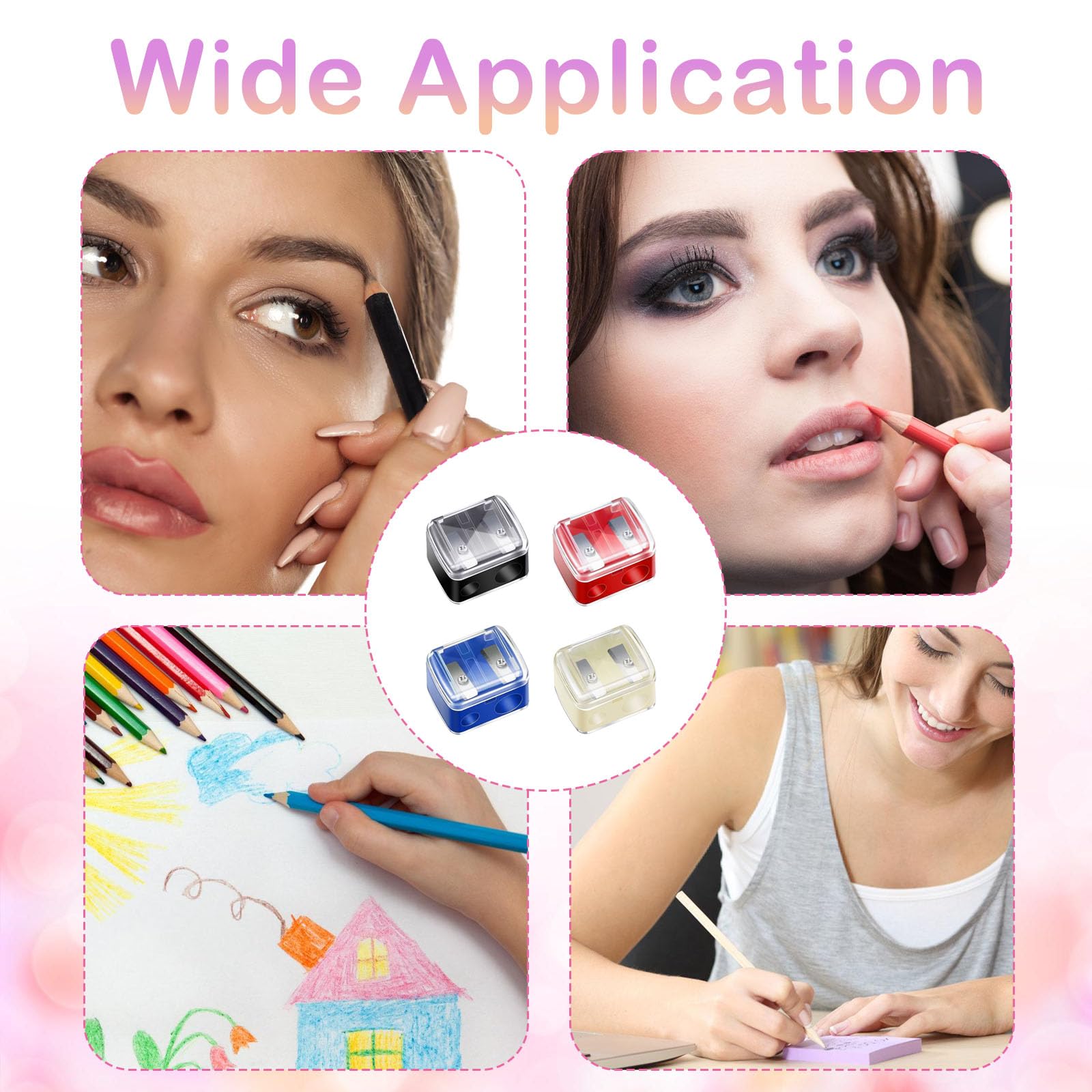 Sacapuntas de maquillaje, paquete de 4 sacapuntas cosméticos de doble agujero para delineador de labios, delineador de ojos y lápices de cejas, herramientas manuales cosméticas para mujeres y artistas