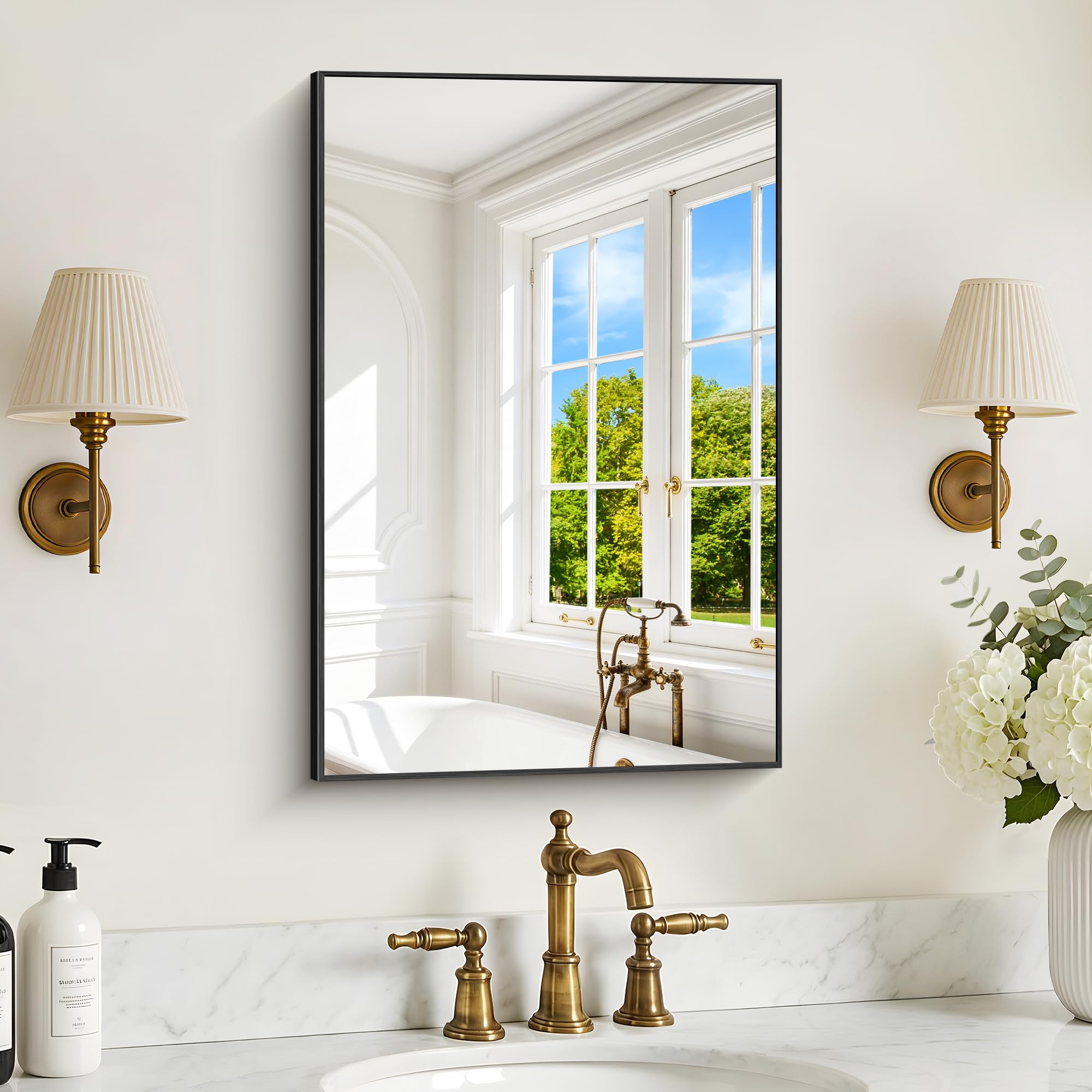 DESBING 16" x 24" Bathroom Mirror, Black Metal Frame Wall Mirror