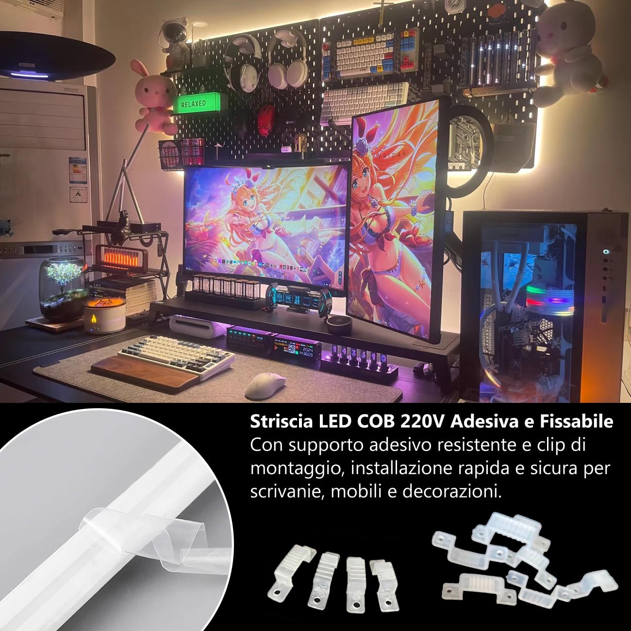 Striscia LED COB 220V IP65,per Interni ed Esterni(3000K, led striscia 10m) | 240 LED/m per una luce continua da circa 780 lm/m con consumo di 10 W/m; flessibile e adatta a cucina, camera, bar e terrazza