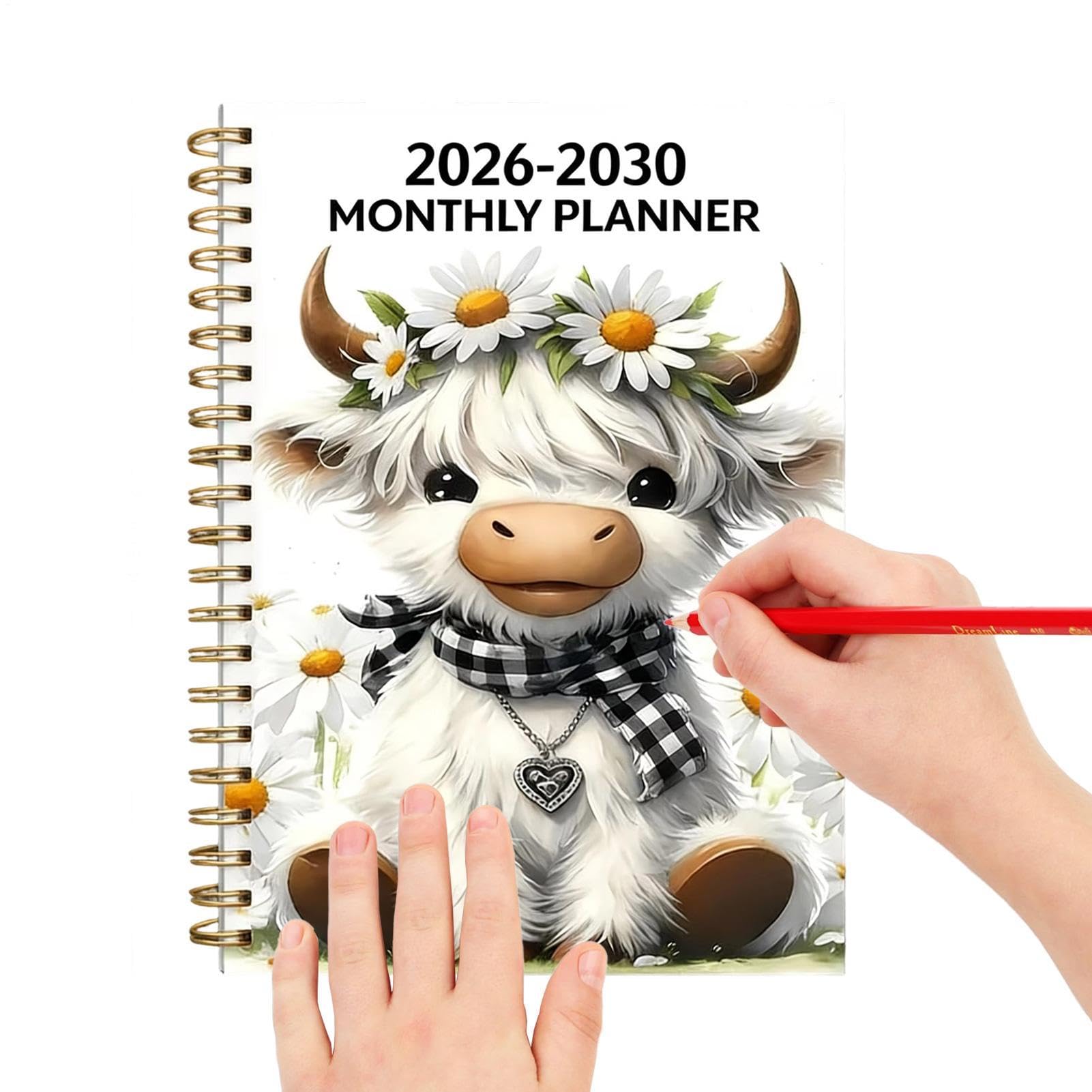 Agenda mensuel 2026-2030 5 ans, carnet à spirales Motif vache Highland