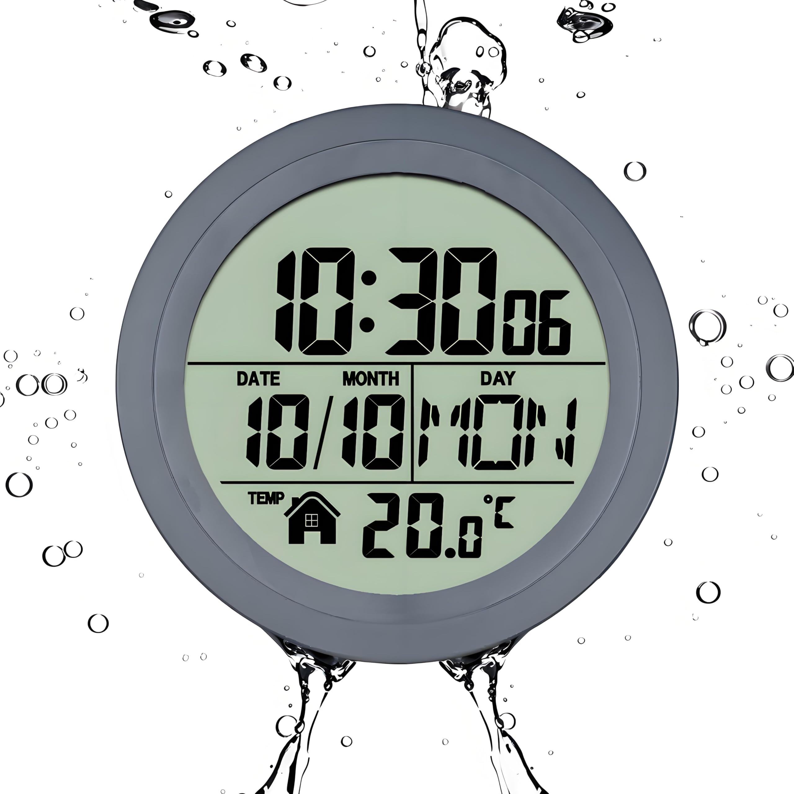 Reloj Digital de Ducha con Pantalla LCD, Impermeable Decoración de Pared Silenciosa, Ventosa con 4 Ventosas, Muestra la Hora Temperatura Fecha Día de la Semana para Baño Dormitorio