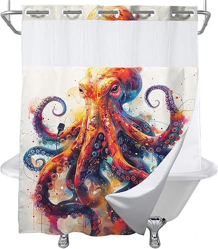 Vista 11 de Juego de cortinas de ducha náuticas de tela, diseño de pulpo, monstruo, velero, decoración de baño con ganchos, impermeable, lavable, 72 x 72