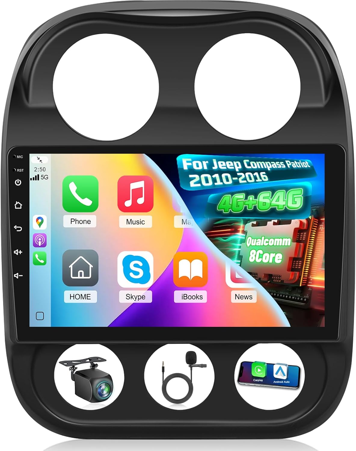 Car Radio for Jeep Compass Patriot 2010-2016, [2+64] 10.1 inch Touchscreen Stereo with Carplay/Android Auto, GPS, WiFi, Bluetooth, SWC, FM/RDS, Mirror Link