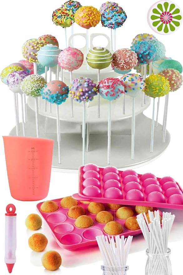 Amazon Com Complete Cake Pop Maker Kit Jam Packed With Silicone Cakepop Baking Mold 1 Lollipop Sticks Candy And Chocolate Melting Pot Decorating Pen Bags Twist Ties 3 Tier Display Stand Holder