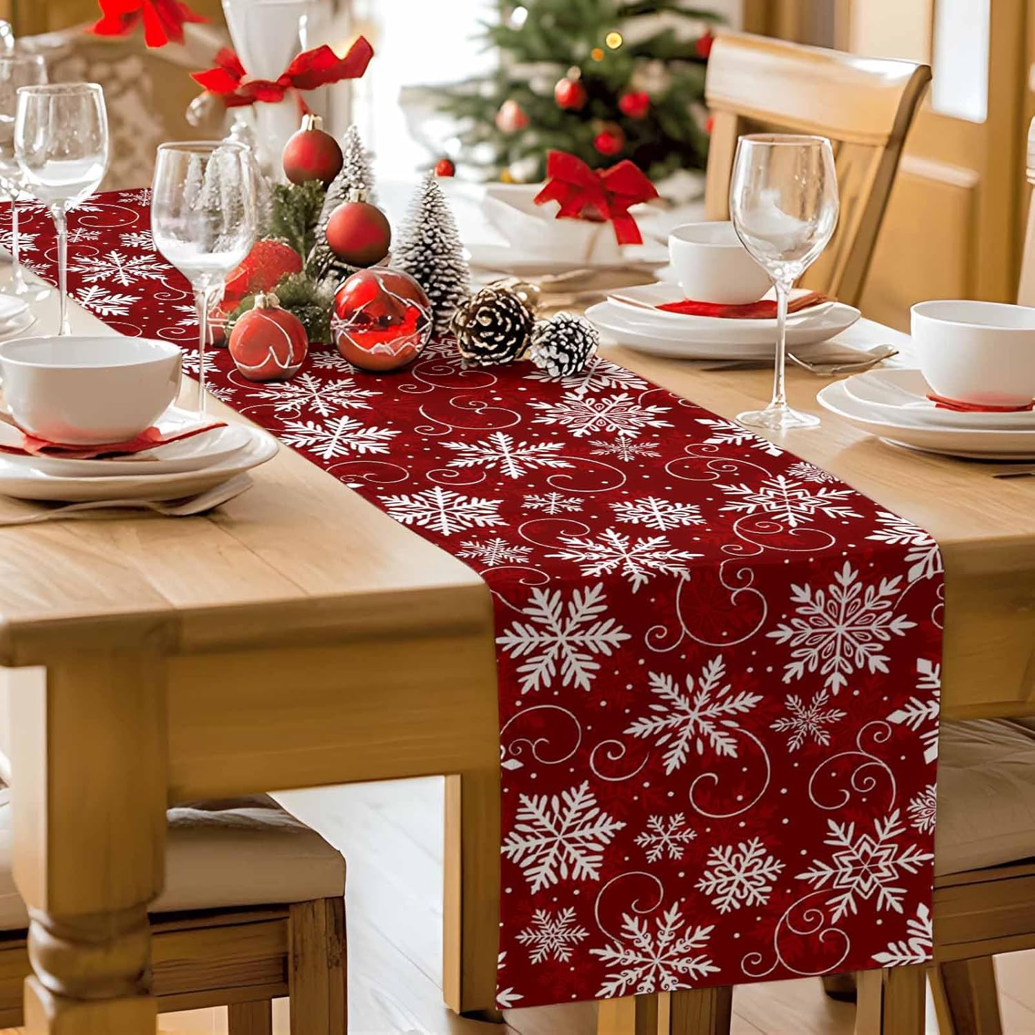 Red Snowflakes Table Runner 108 Inches Long for Dining Table Decor, Cotton Linen Farmhouse Table Runner Washable Coffee Table Runners Dresser Scarf for Kitchen Party Holiday Seasonal Winter Christmas