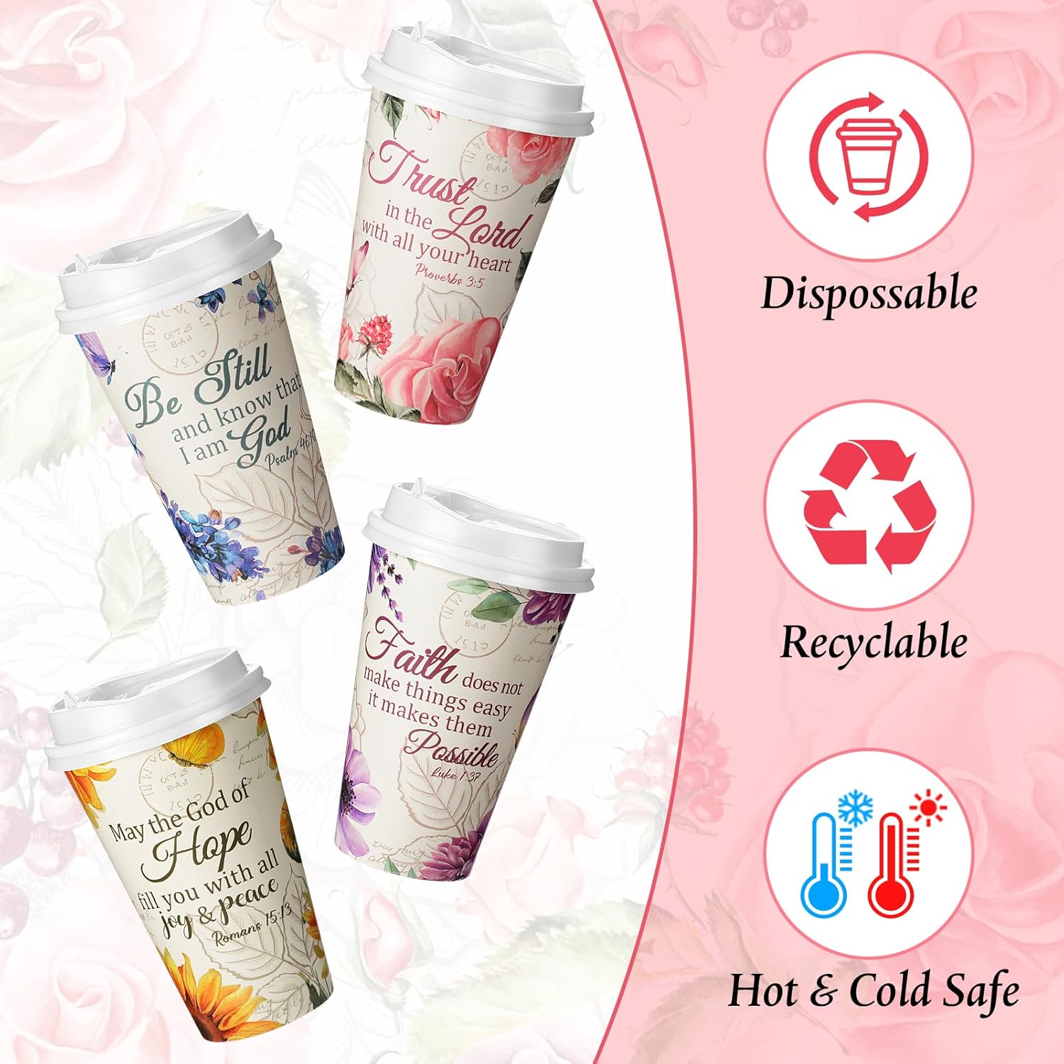Dandat 100 Pcs Christian Disposable Coffee Cups with Lids 16 oz Floral Tea Scripture Paper Cups Bulk Bible Verse Coffee Drinkware for Religious Church Wedding Baby Shower Home Offices Supplies