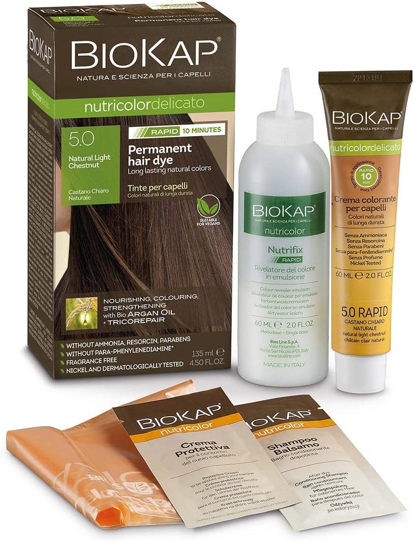 BioKap, Natural Light Chestnut 5.0 Nutricolor Delicato Rapid Permanent Hair Colour — PPD-Free and Ammonia-Free Vegan Hair Dye for Sensitive Skin with 100% Grey Coverage in just 10 Minutes