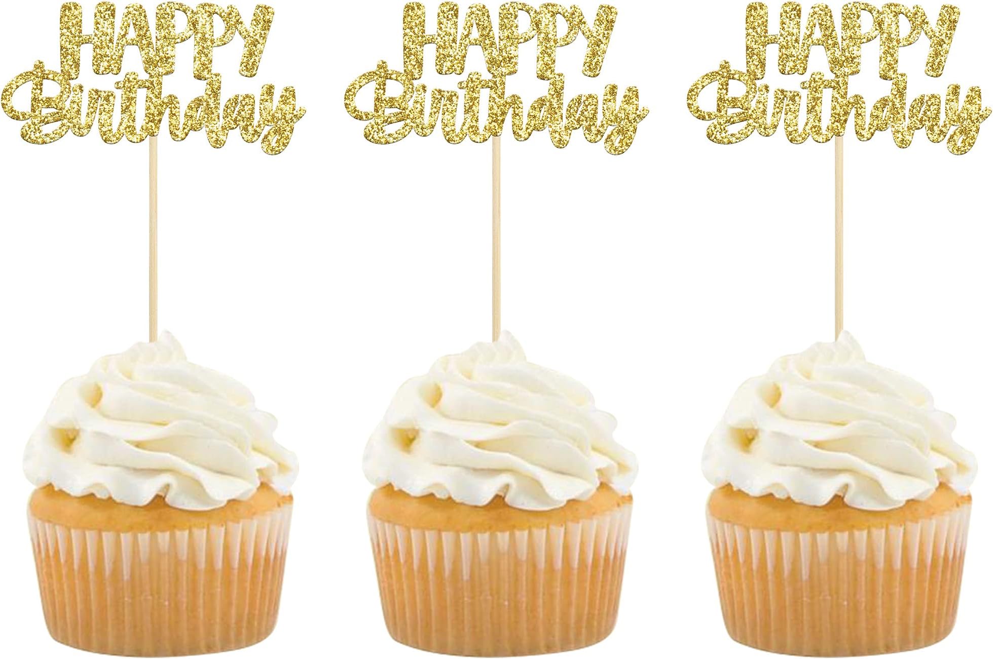 Gyufise 24Pcs Happy Birthday Cupcake Toppers Gold Glitter Celebrating Birthday Cake Picks Baby Shower Kids Birthday Party Decoration Supplies