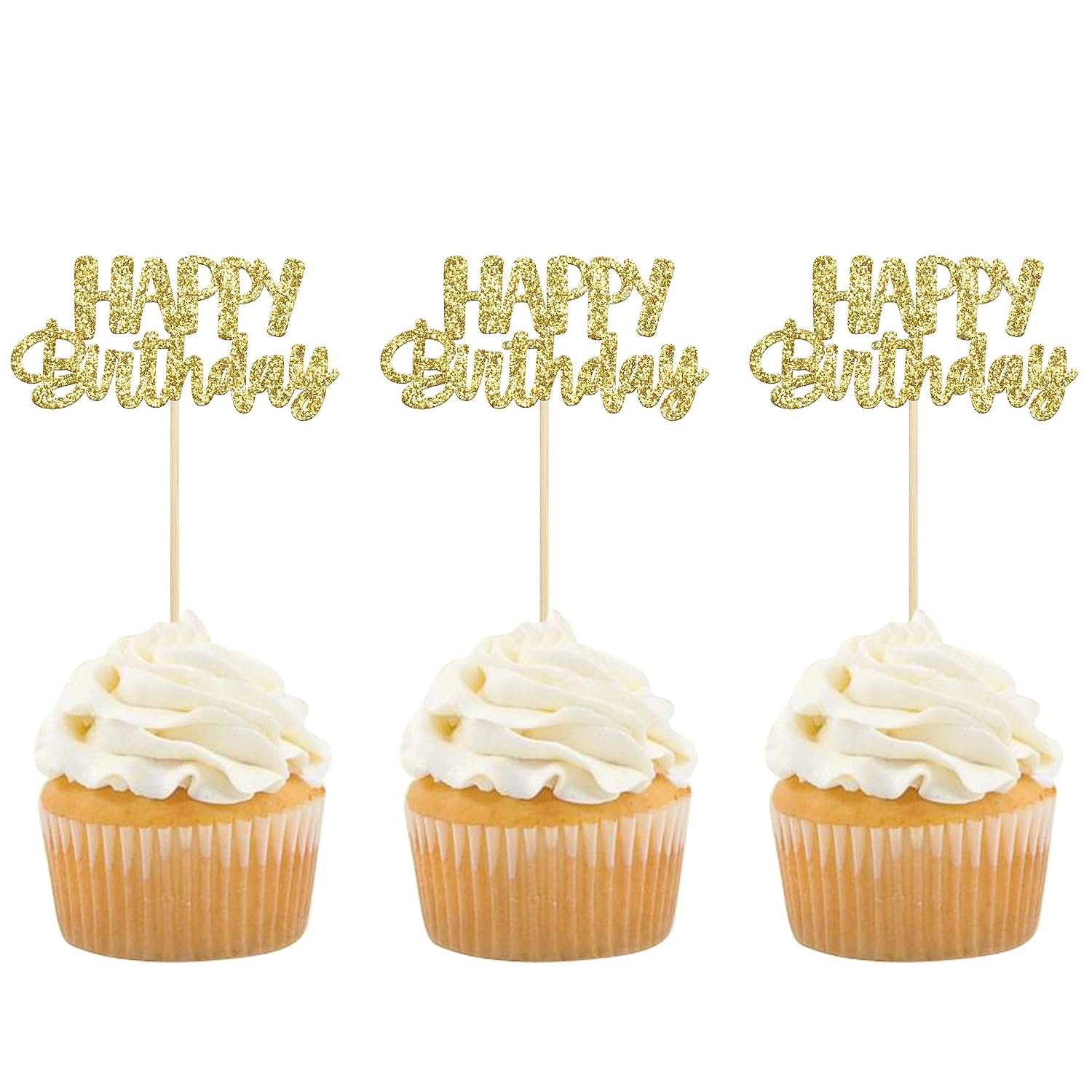 Buy Gyufise 24Pcs Happy Birthday Cupcake Toppers Gold Glitter ...
